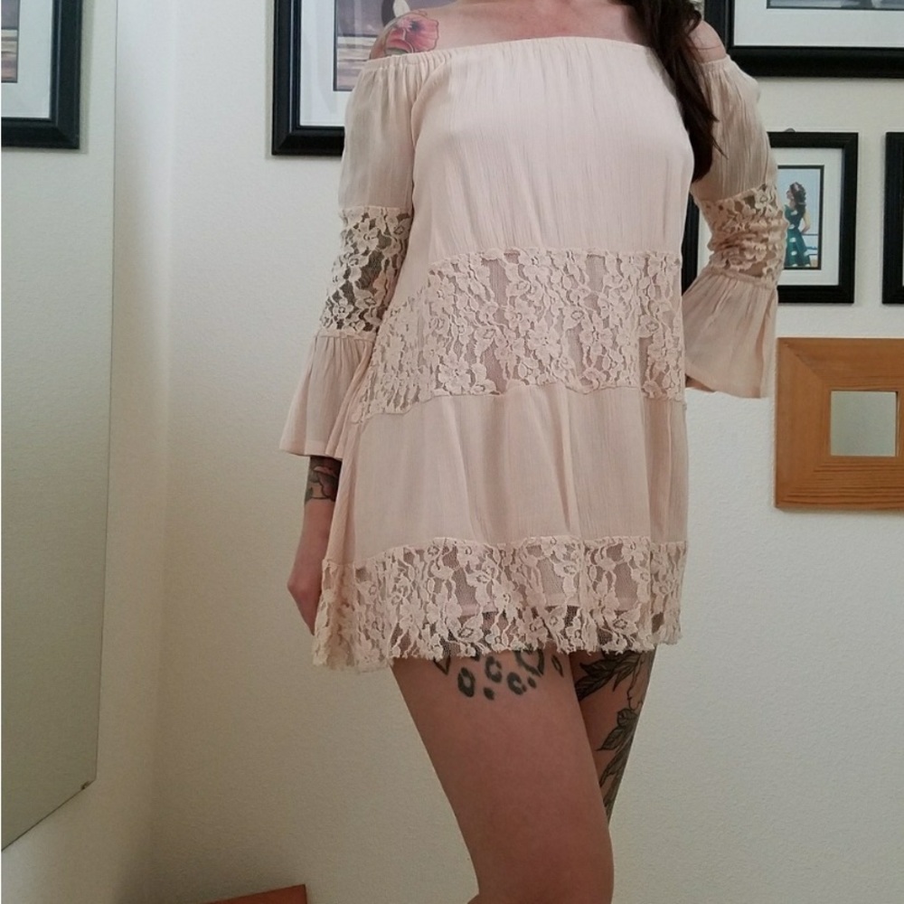 Free People Pink Crinkle Gauze Lace Off Shoulder Mini Dress Tunic Blouse Top - Picture 5 of 8